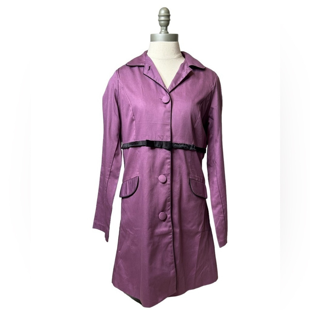 Angie Purple and Black Bow Collared Trench Coat Lightweight Long Sleeve Jacket - Picture 2 of 16